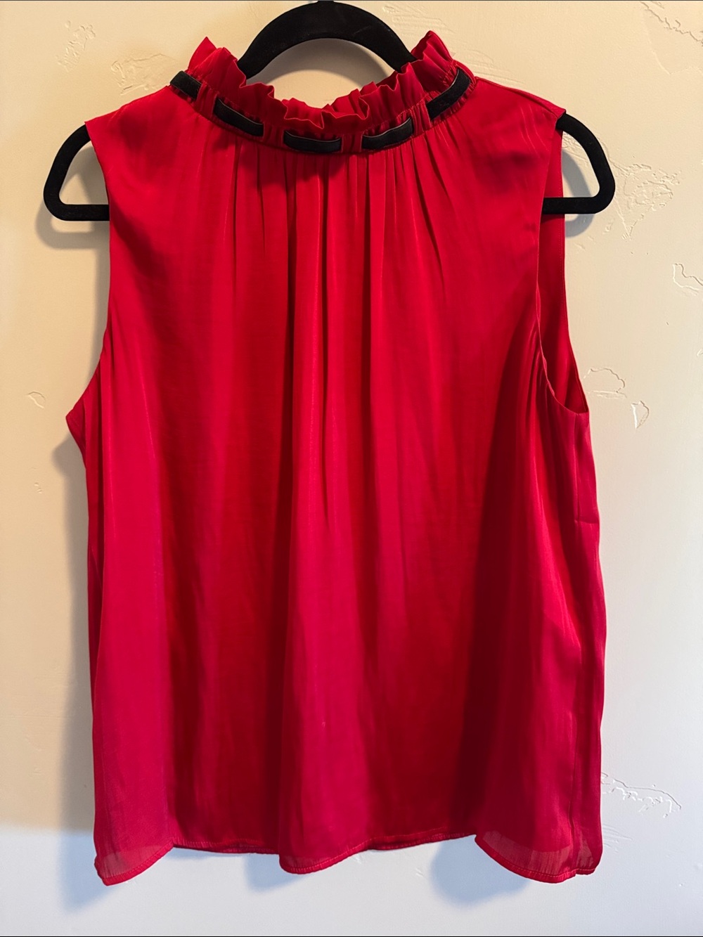 Talbots red holiday sleeveless blouse with black velvet trim